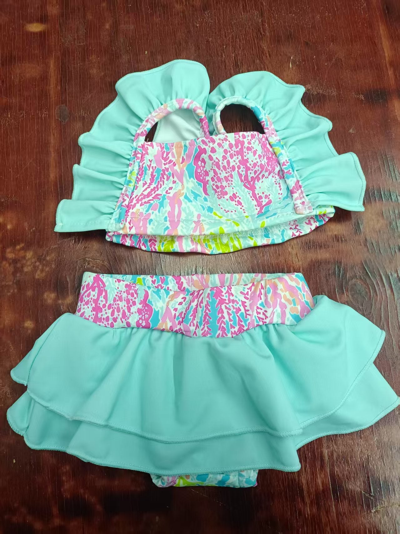 Preorder moq 5 Baby Girls Aqua Strap Watercolor Floral 2 Piece Swimsuits