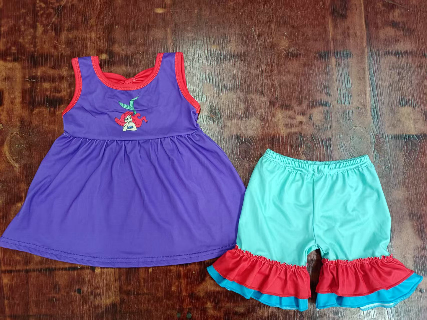 Preorder moq 5 Baby Girls Purple Sleeveless Mermaid Tunic Blue Ruffle Shorts Set