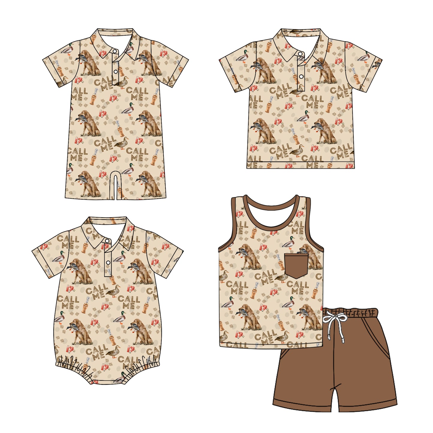 Preorder moq 5 Custom Baby Boys Khaki Short Sleeves Button Dogs Ducks Call Me Top Short Set Polo Shirts And Rompers