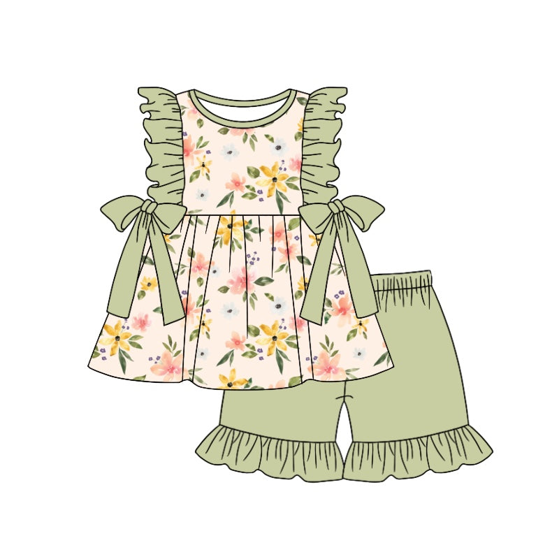 Baby Girls Green Flowers Bows Top Ruffle Shorts Clothes Sets Preorder(moq 5)
