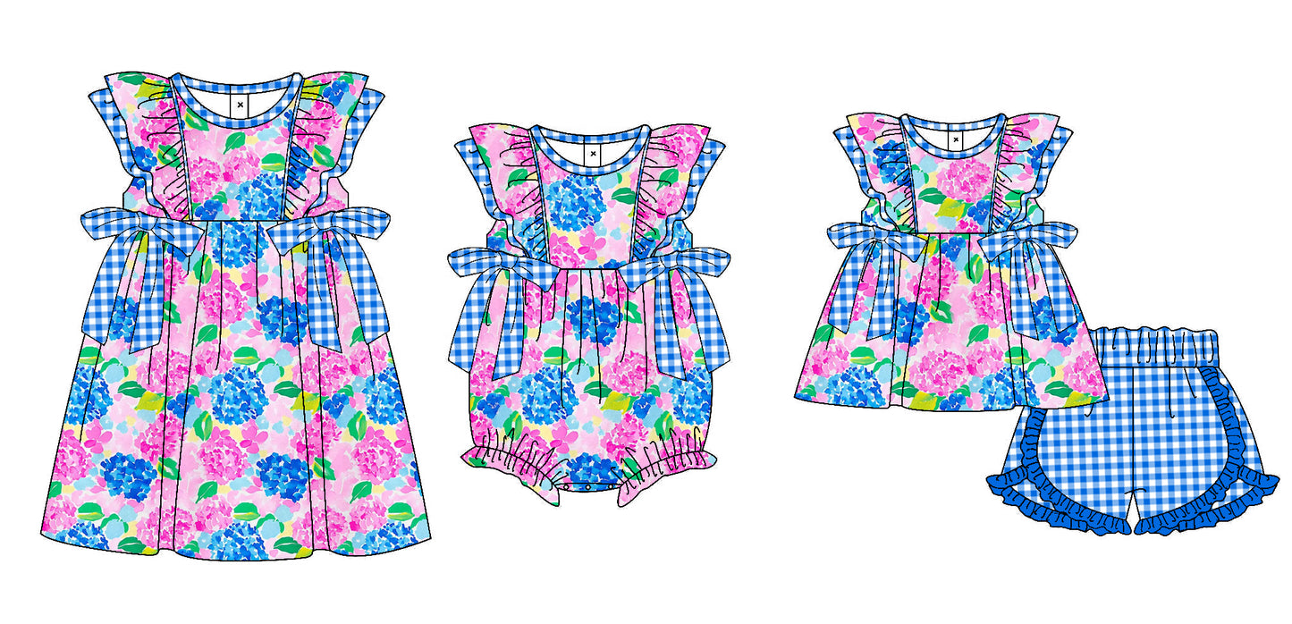Preorder(moq 5 each) Baby Girls Pink Blue Bows Romper Dress Shorts Sets