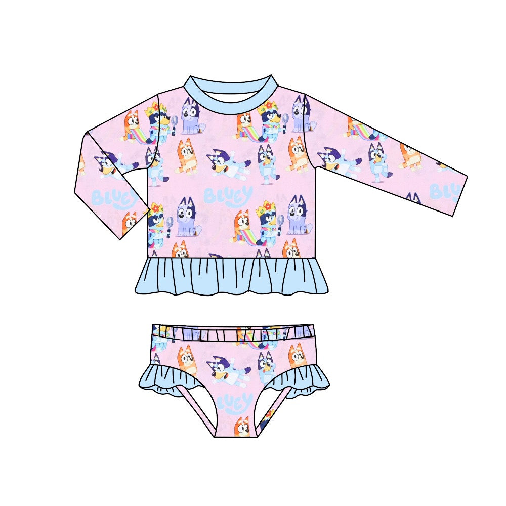 Baby Girls Purple Dogs Long Sleeve Top Ruffle Bummie 2pcs Swimsuits preorder(moq 5)