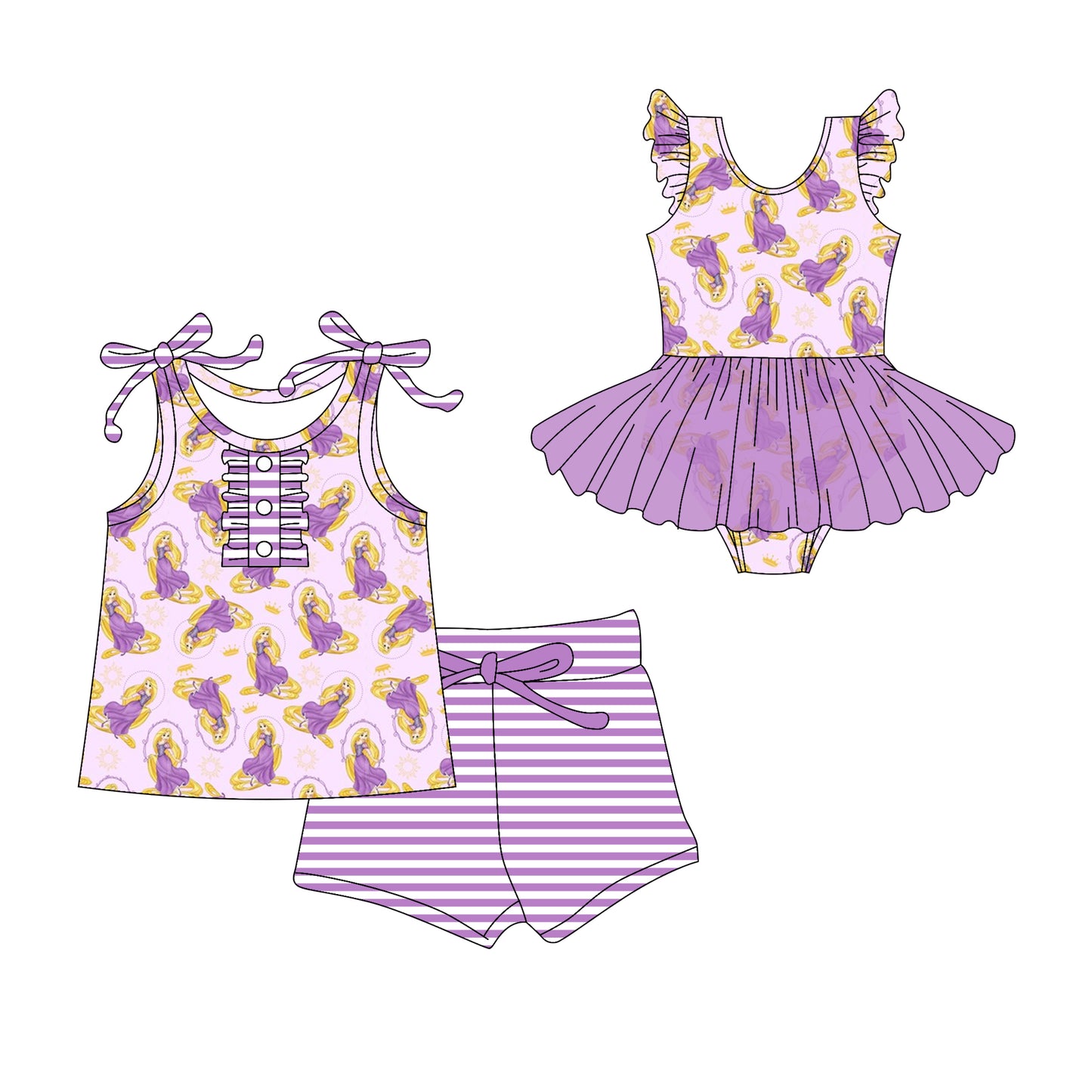 Preorder moq 5 Custom Baby Girls Purple Strap Princess Suns Button Top Stripe Short Set Skort Bummise Romper