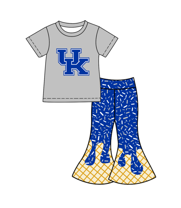 Preorder (moq 5)Baby Girls Blue UK Top Drip Sprinkles Bell Bottom Pants Team Clothes Sets