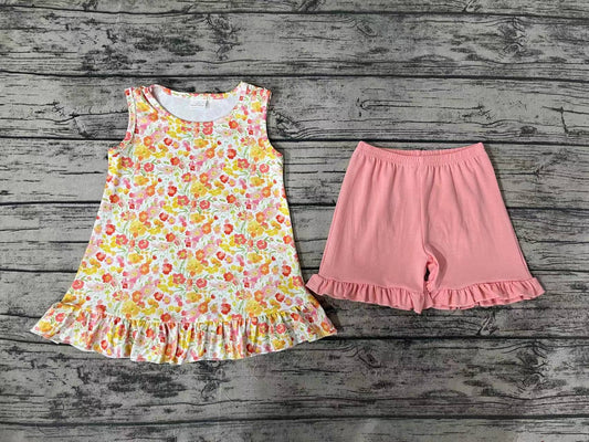 Baby Girls Orange Flowers Sleeveless Top Ruffle Shorts Clothes Sets