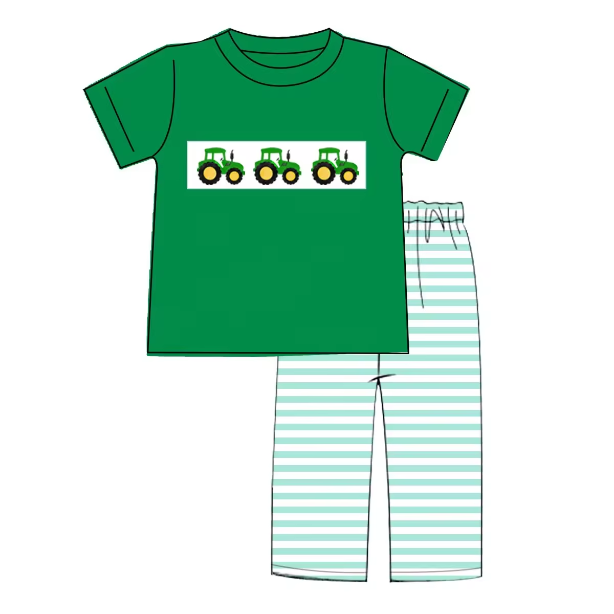 Baby Boys Green Tractor Tops Stripes Pants Clothes Sets Preorder(moq 5)