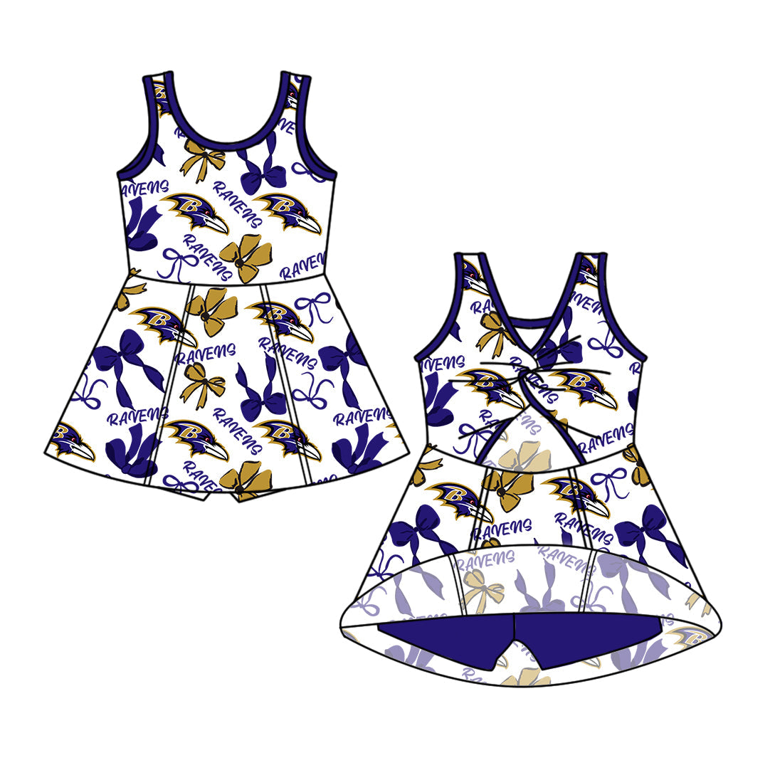 Preorder (moq 5)Baby Girls Hot Blue Sleeveless Ravens Bows Shorts Team Knee Length Dresses