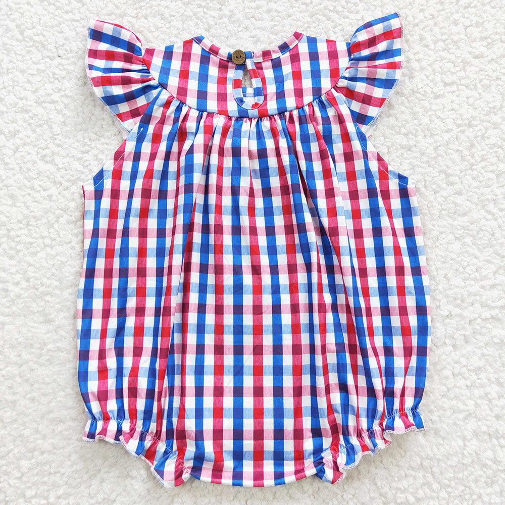 Sibling Baby Girls Smocked Flags Red Blue Checked 4th Of July Dress Rompers