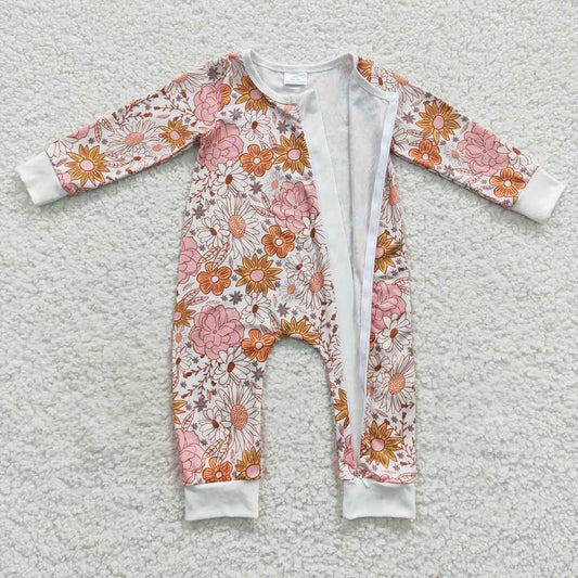 Baby Infant Orange Floral Zip Rompers