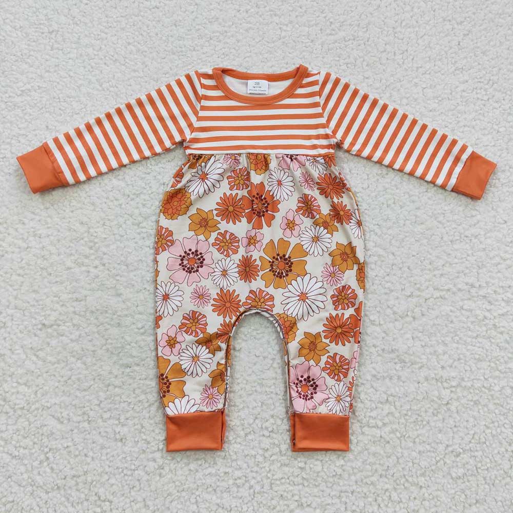 Baby Girls Orange Floral Stripes Rompers
