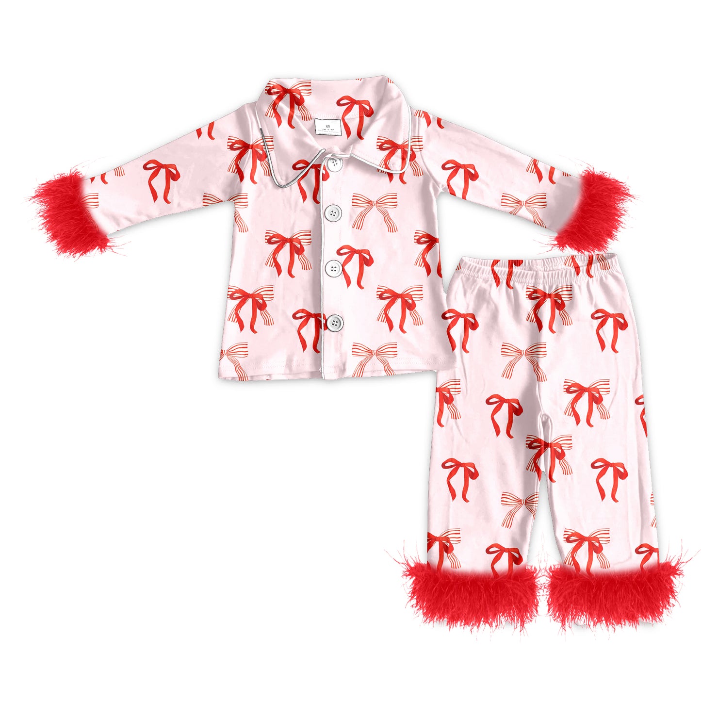 preorder(MOQ 5)Baby Girls Christmas Red Bows Fur Top Pants Pajamas