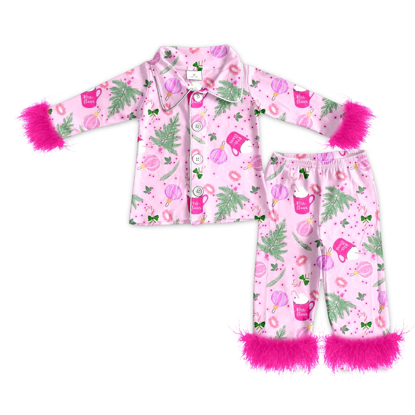 preorder(MOQ 5)Baby Girls Christmas Pink Trees Fur Top Pants Pajamas