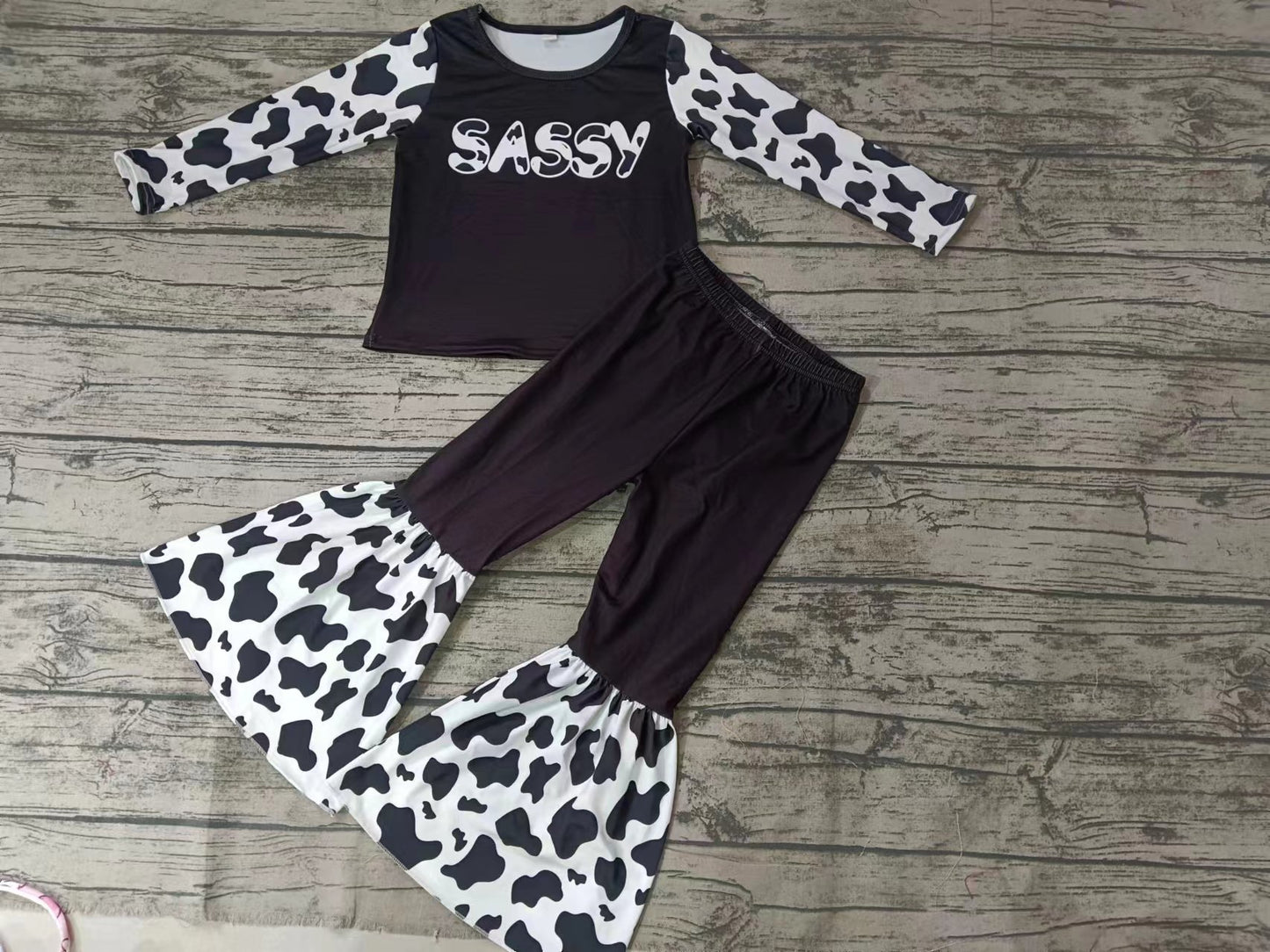 Baby Girls Sassy Long Sleeve Tee Cow Print Bell Pants Clothing Sets Preorder(moq 5)