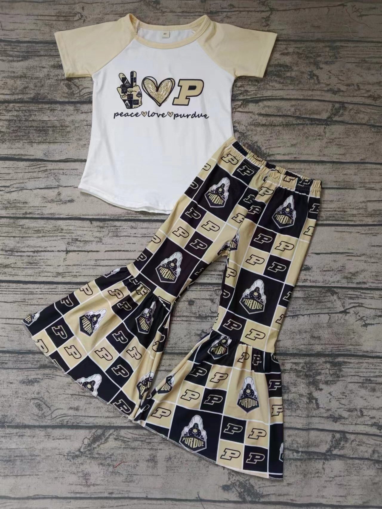 Baby Girls Peace Love Gold Team Short Sleeve Tee Bell Pants Clothing Sets Preorder(moq 5)