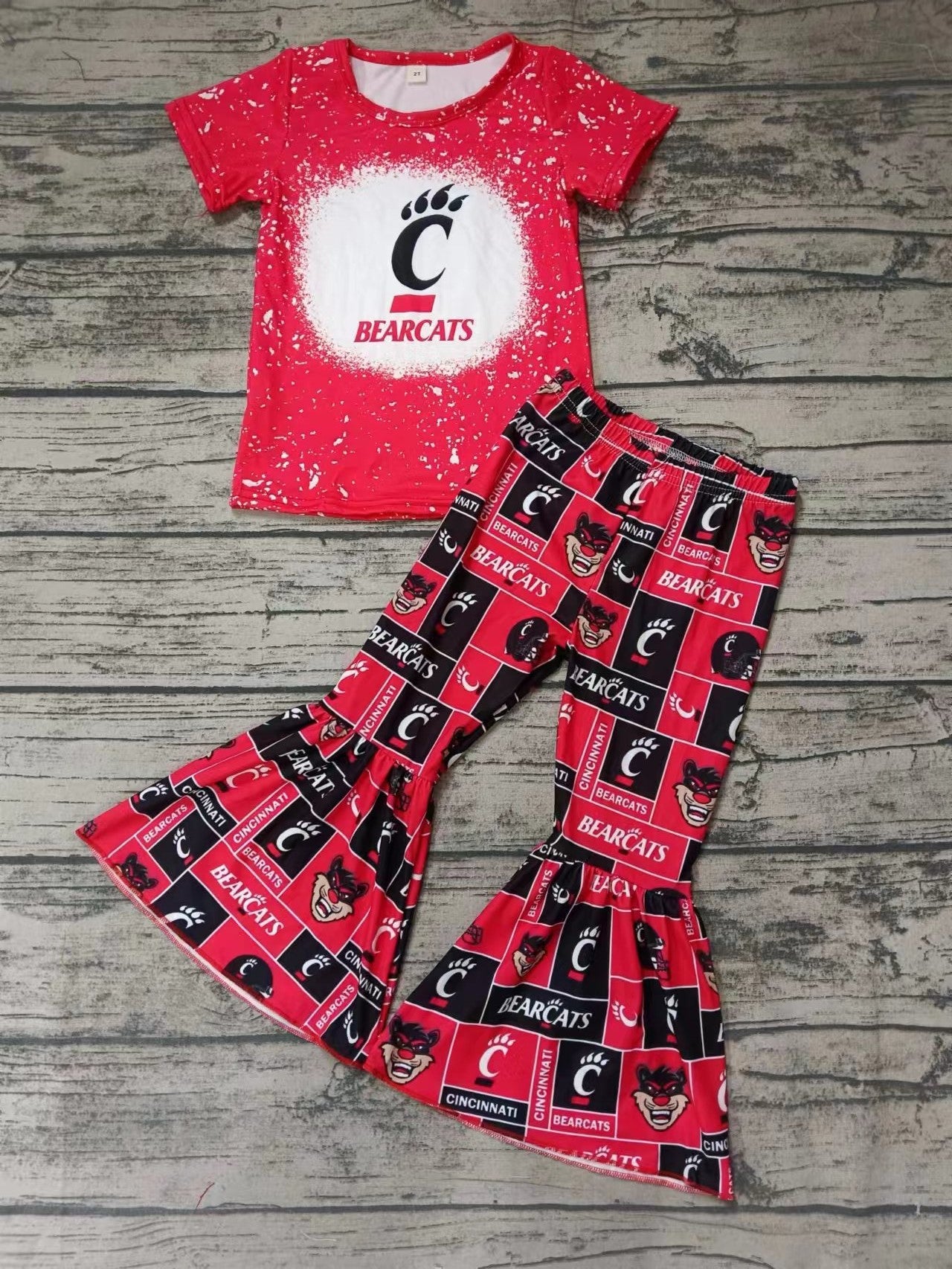Baby Girls Red Bear Team Short Sleeve Tee Bell Pants Clothing Sets Preorder(moq 5)