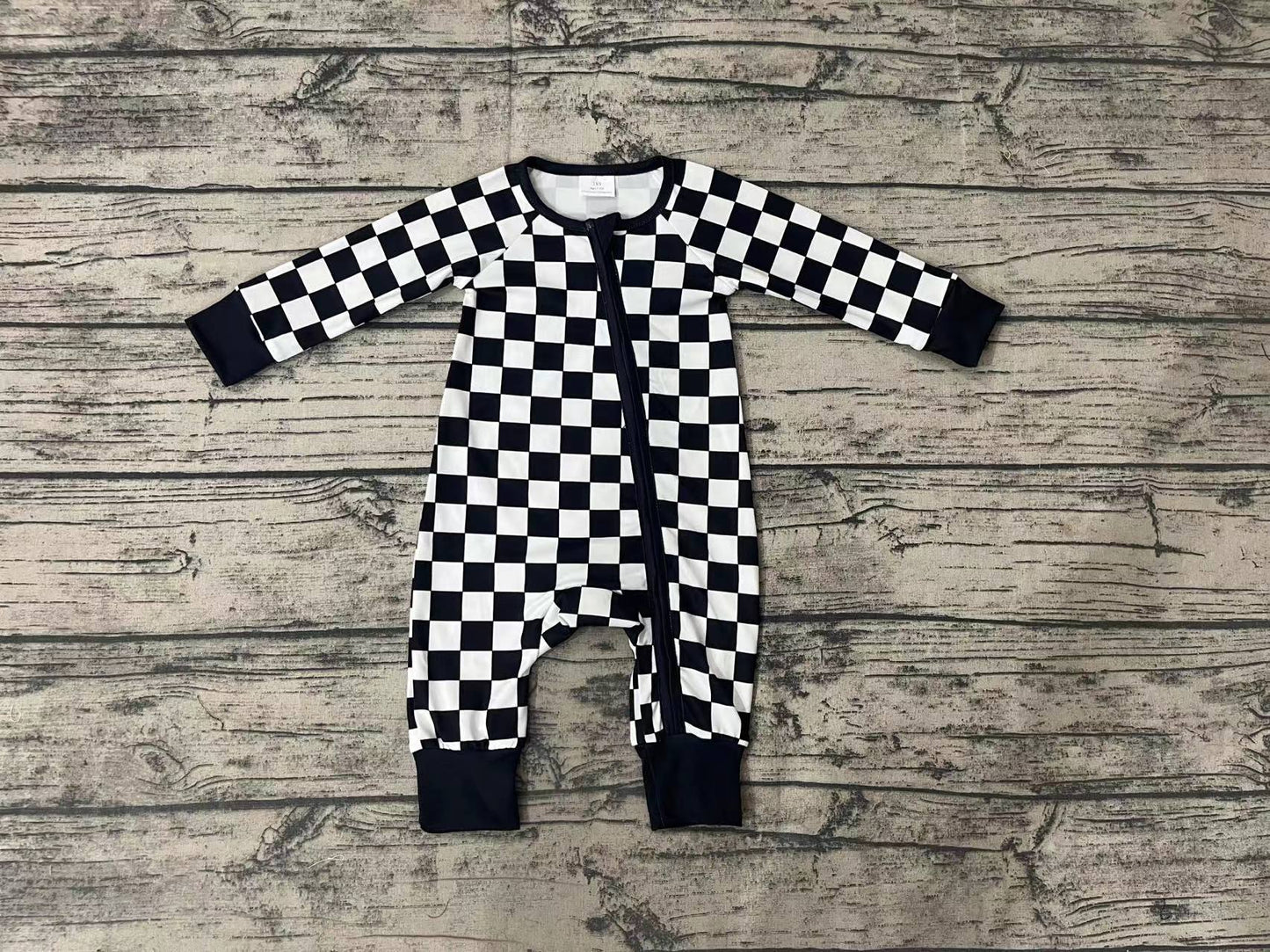 Baby Infant Kids Black Checkered Long Sleeve Zip Sleepers Rompers