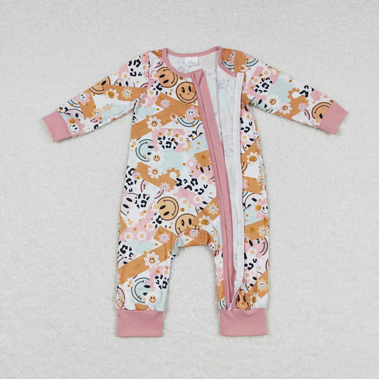 Baby Girls Smile Leopard Zip Long Sleeve Sleepers Rompers