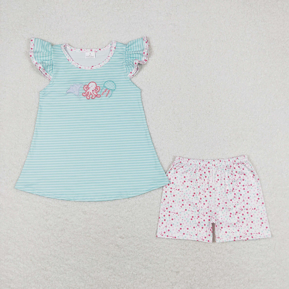 Baby Girls Blue Stripes Octopus Tunic Top Shorts Clothes Sets