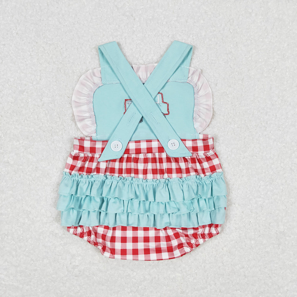 Baby Infant Girls Fire Truck Checkered Rompers