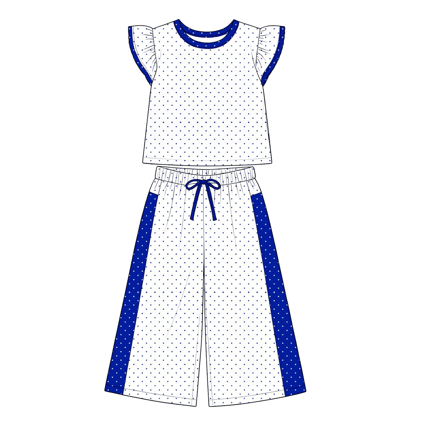 Preorder (moq 5)Baby Girls Flutter Sleeve Blue White Polka Dots Top Flare Pant Clothes Sets