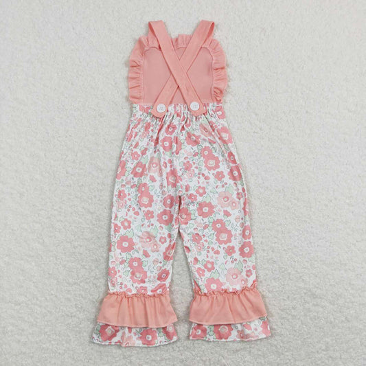 Baby Girls Pink Flowers Straps Ruffle Pants Jumpsuits