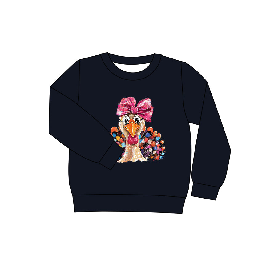 Preorder (moq 5)Baby Girls Long Sleeves Thanksgiving Black Turkey Tee Shirts Tops
