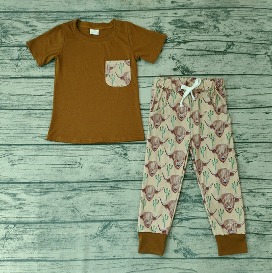 Baby Boys Cow Cactus Pocket Top Pants Clothes Sets