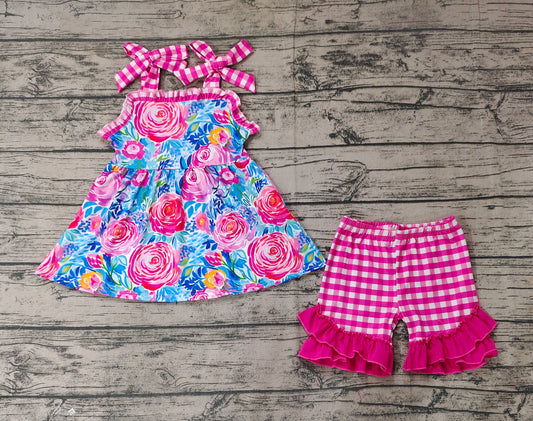 Baby Girls Blue Flowers Straps Tunic Top Ruffle Shorts Clothes Sets