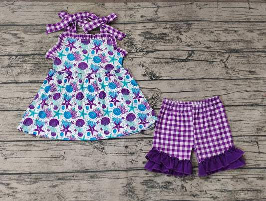 Baby Girls Straps Purple Starfish Tunic Top Ruffle Shorts Clothes Sets