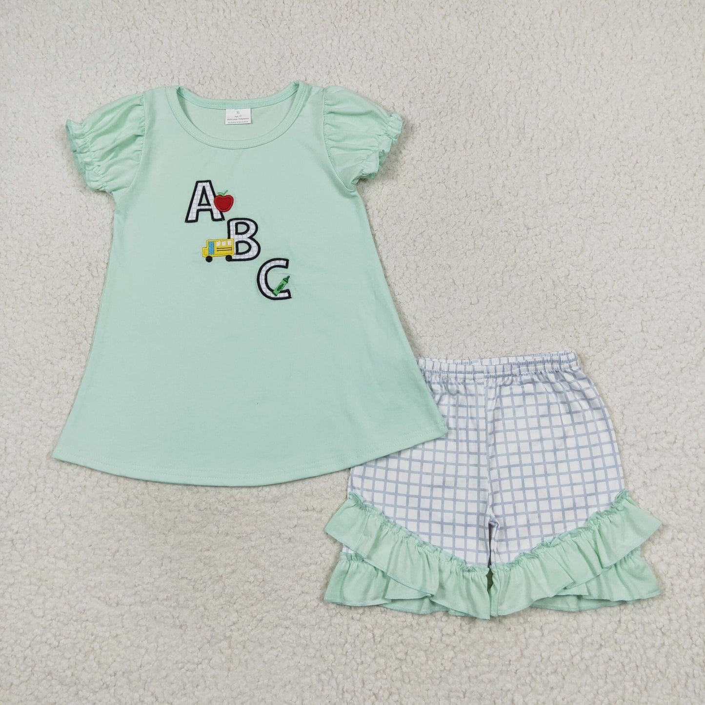Baby Girls Toddler Green Back To School ABC Tunic Top Ruffle Shorts Clothes Sets