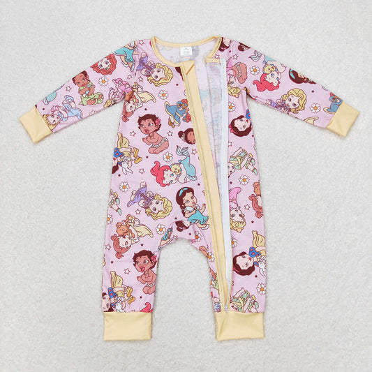 Baby Infant Girls Cartoon Princess Long Sleeve Zip Bamboo Rompers