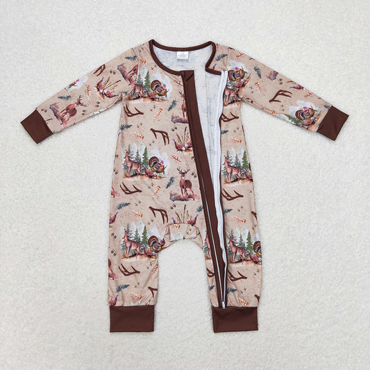Baby Infant Boys Fall Deers Hunting Turkey Bamboo Zip Rompers