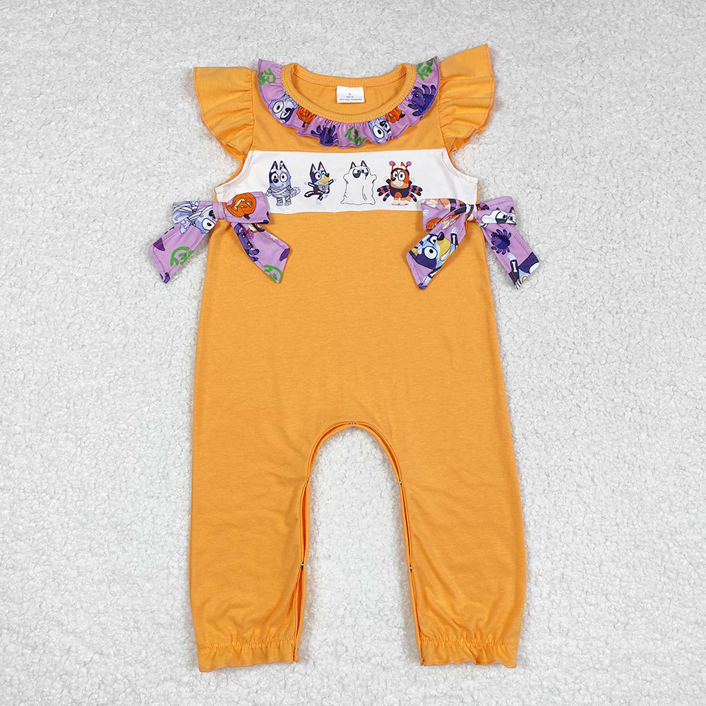 Baby Infant Girls Dog Halloween Bows Flutter Sleeve Rompers