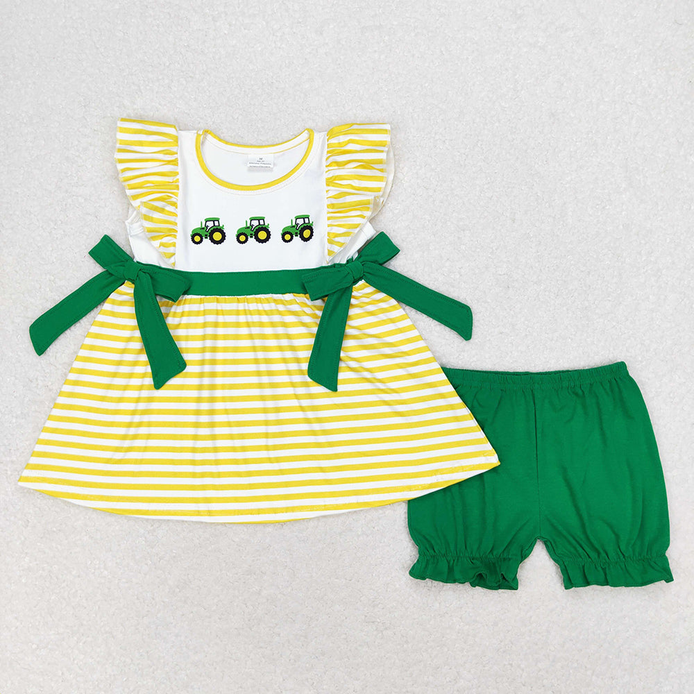 Baby Girls Stripes Tractors Bows Ruffle Tunic Shorts Clothes Sets