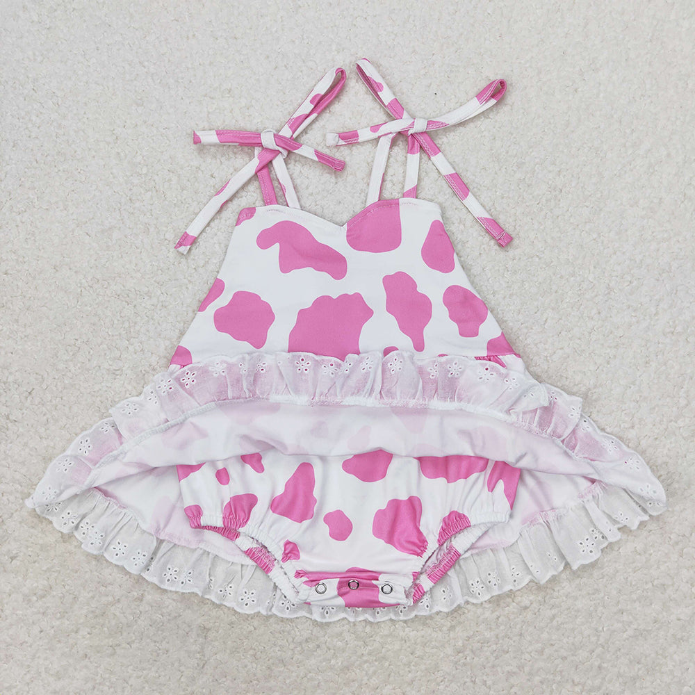 Baby Infant Girls Pink Cow Print Straps Bummie Rompers