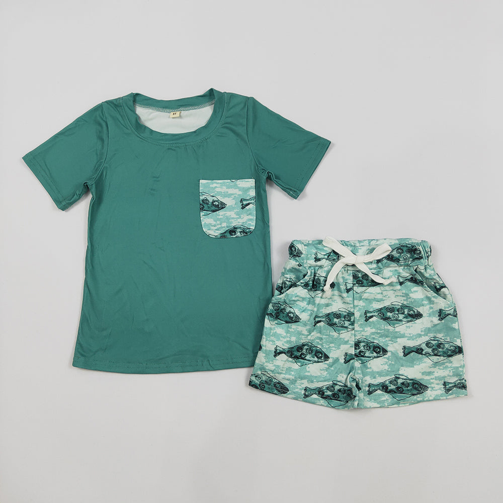 Preorder (moq 5)Baby Boys Green Pocket Short Sleeve Top Fishing Shorts Clothes Sets