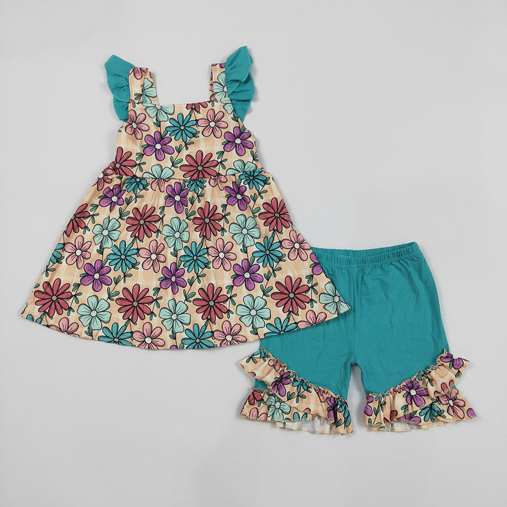 Preorder (moq 5)Baby Girls Spring Flowers Tunic Ruffle Shorts Clothes Sets
