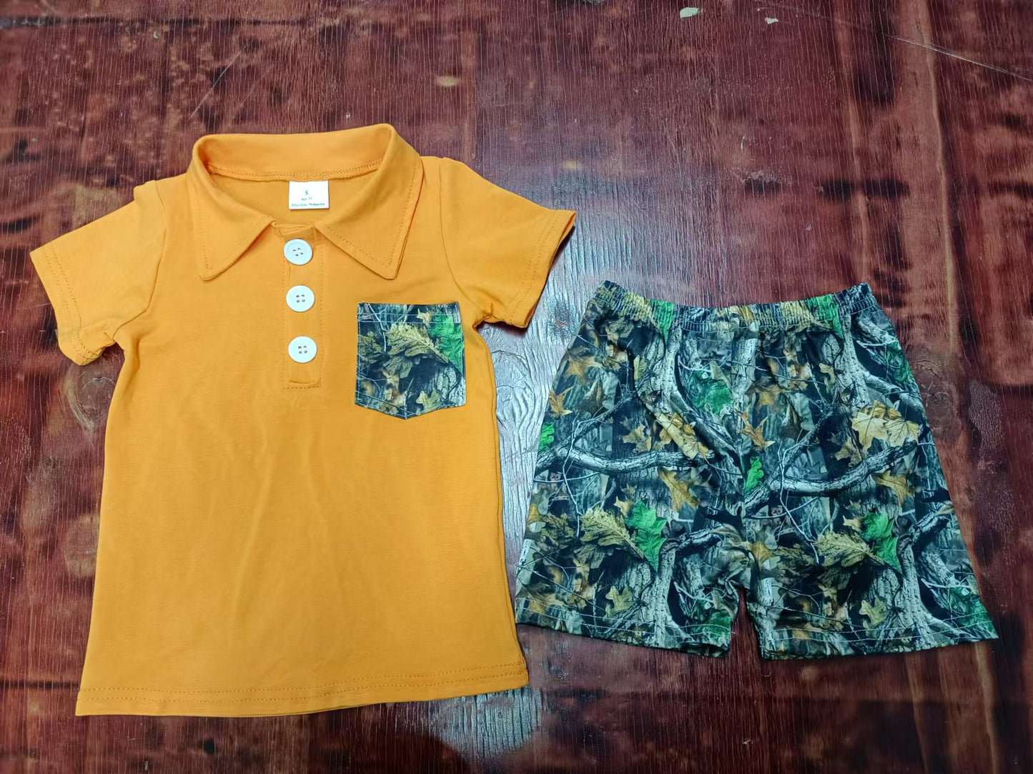 Preorder (moq 5)Baby Boys Mustard Pullover Tops Real Tree Camo Shorts Clothes Sets