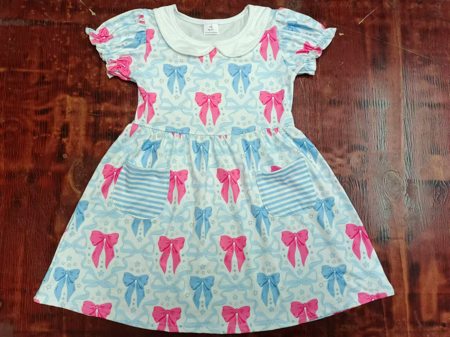 Preorder (moq 5)Baby Girls Blue 4th Of July Bows Short Sleeve Knee Length Dresses