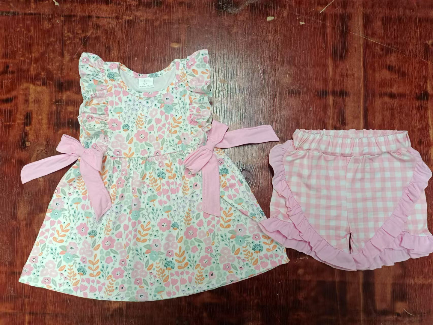 Preorder (moq 5)Baby Girls Pink Flowers Bows Tunic Top Ruffle Shorts Clothes Sets