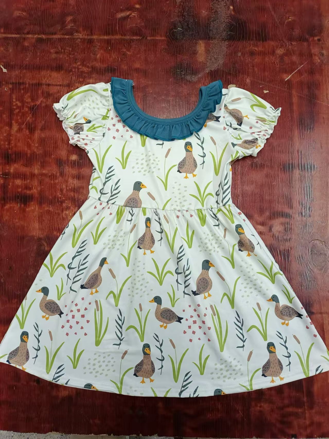 Preorder (moq 5)Baby Girls Mallard Ducks Short Sleeve Knee Length Dresses