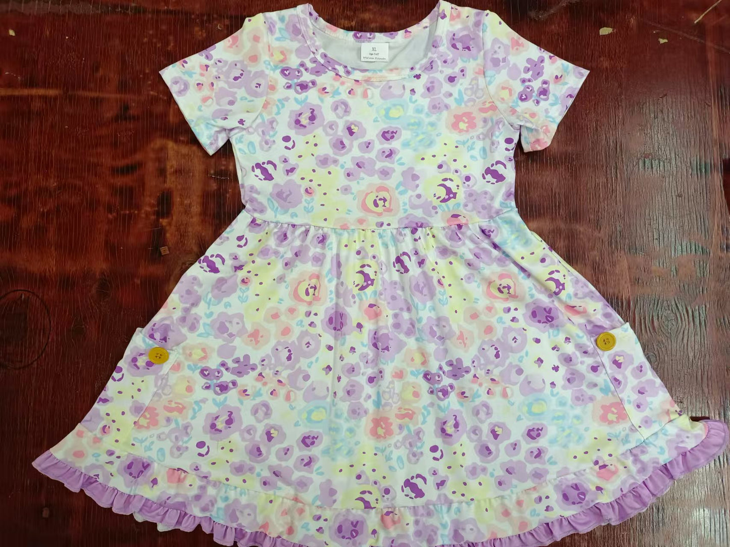 Preorder (moq 5)Baby Girls Lavender Flowers Pockets Ruffles Knee Length Dresses