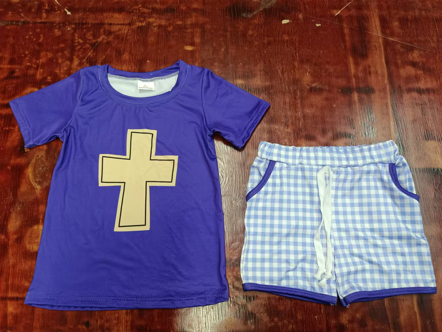 Preorder (moq 5)Baby Boys Easter Cross Shirts Top Checkered Shorts Clothes Sets