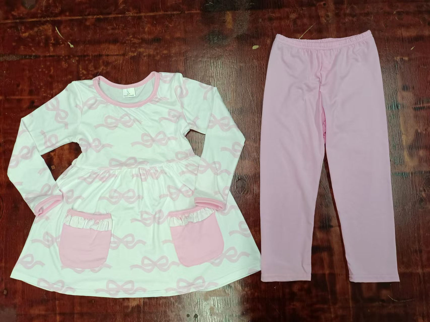 Preorder (moq 5)Baby Girls Pink Bows Pockets Tunic Top Legging Clothes Sets