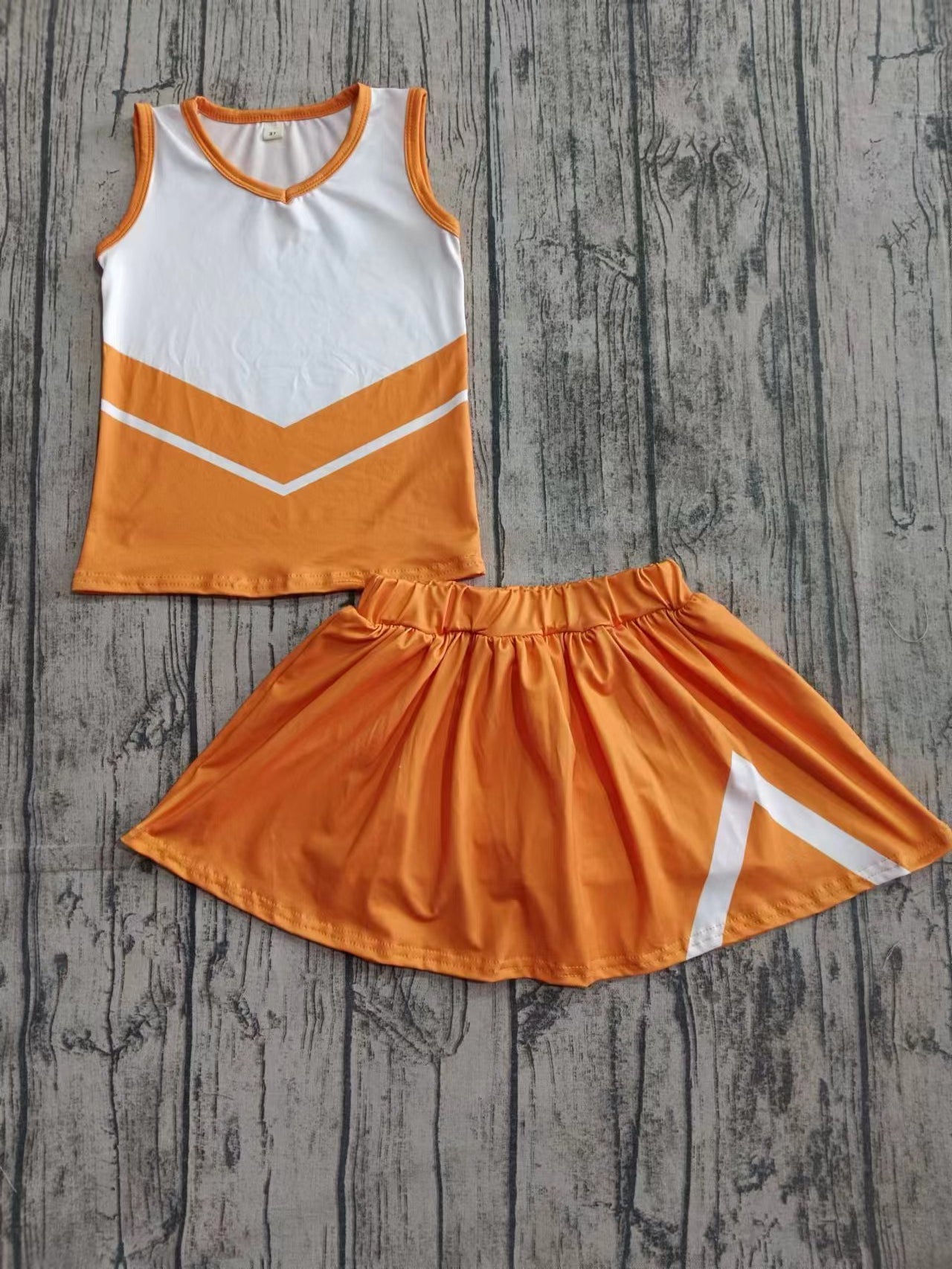Preorder(moq 5)Baby Girls Orange Cheer Team Tee Shirt Skirts Clothes Sets