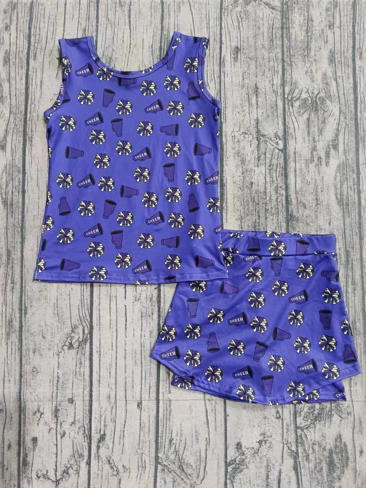 Preorder(moq 5)Baby Girls Blue Cheer Sleeveless Team Tee Shirt Skirts Clothes Sets