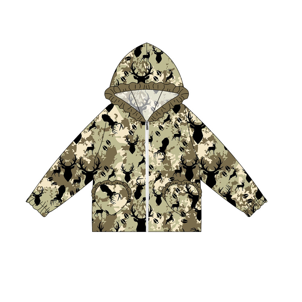 Preorder(moq 5) Baby Girls Long Ruffle Sleeves Green Camo Deer Pockets Zipper Hoodies Top