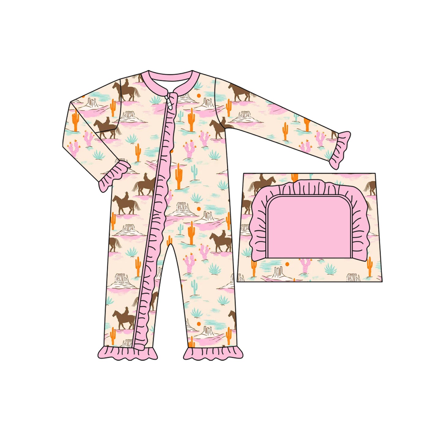 Preorder moq 5 Baby Infant Girls Long Sleeves Horse Rodeos Cactus Ruffle Zipper Romper