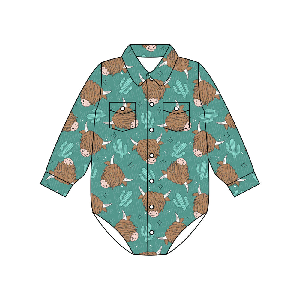 Preorder moq 5 Baby Boys Long Sleeves Highland Cow Cactus Button Pockets Rompers