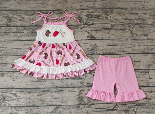 Baby Girls Pink Baseball Straps Tunic Top Ruffle Shorts Outfits Clothes Sets